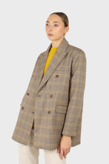 Beige and yellow houndstooth checked oversized blazer