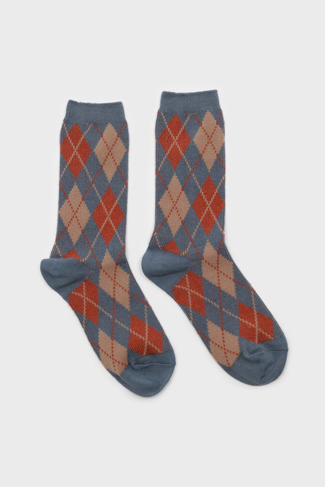 Blue orange and beige argyle socks