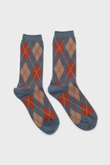 Blue orange and beige argyle socks