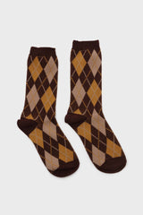 Brown yellow and beige argyle socks