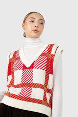 Ivory and red plaid knit vest
