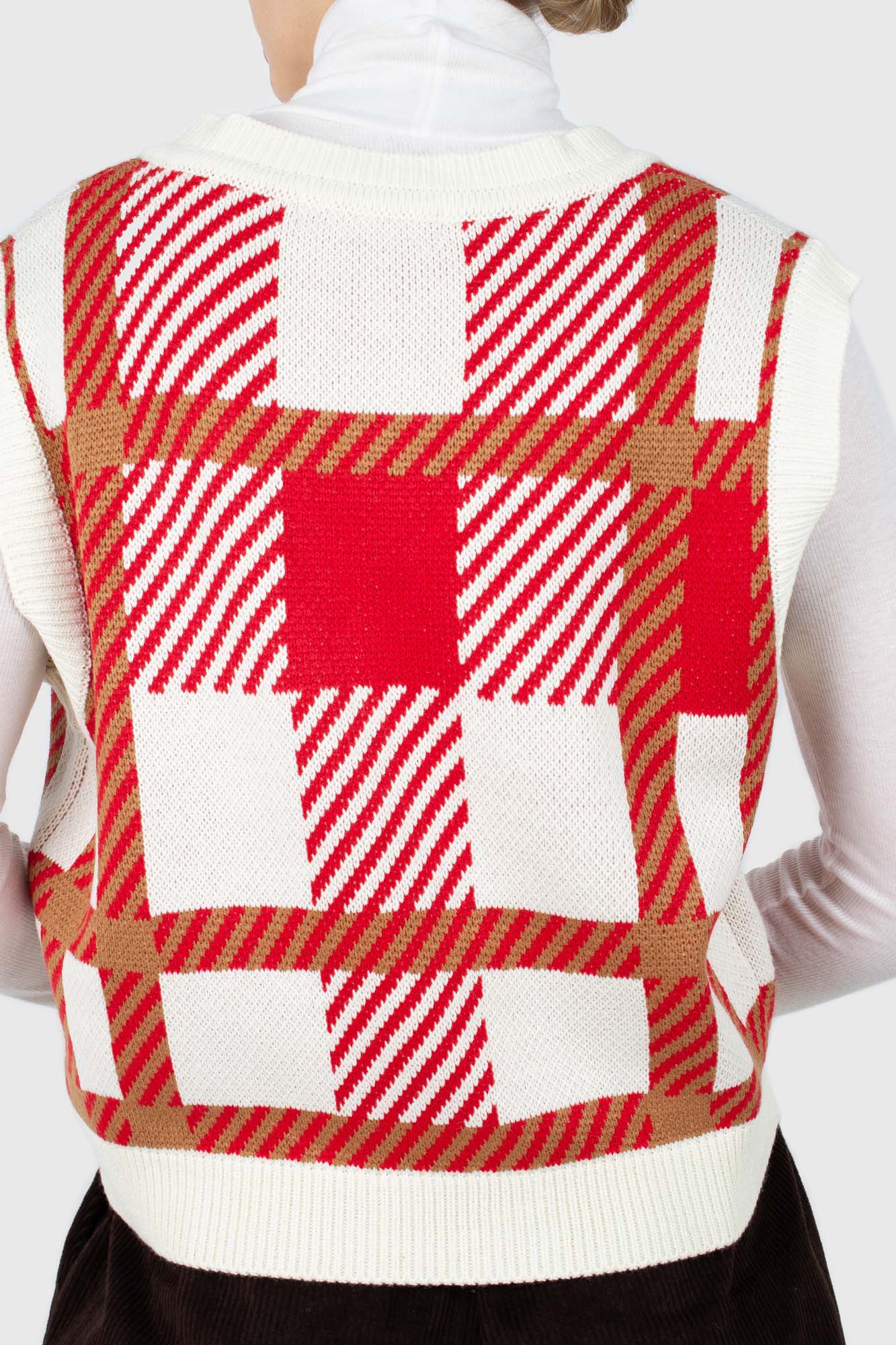 Ivory and red plaid knit vest