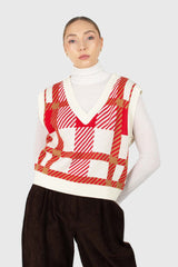 Ivory and red plaid knit vest