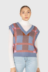 Light blue and camel plaid knit vest