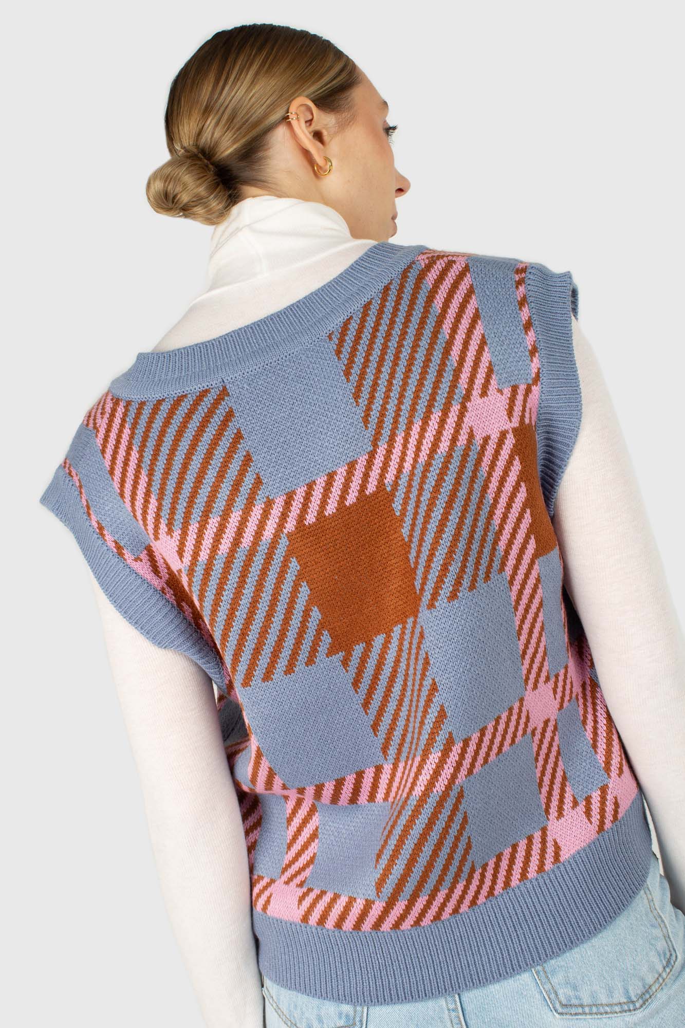 Light blue and camel plaid knit vest