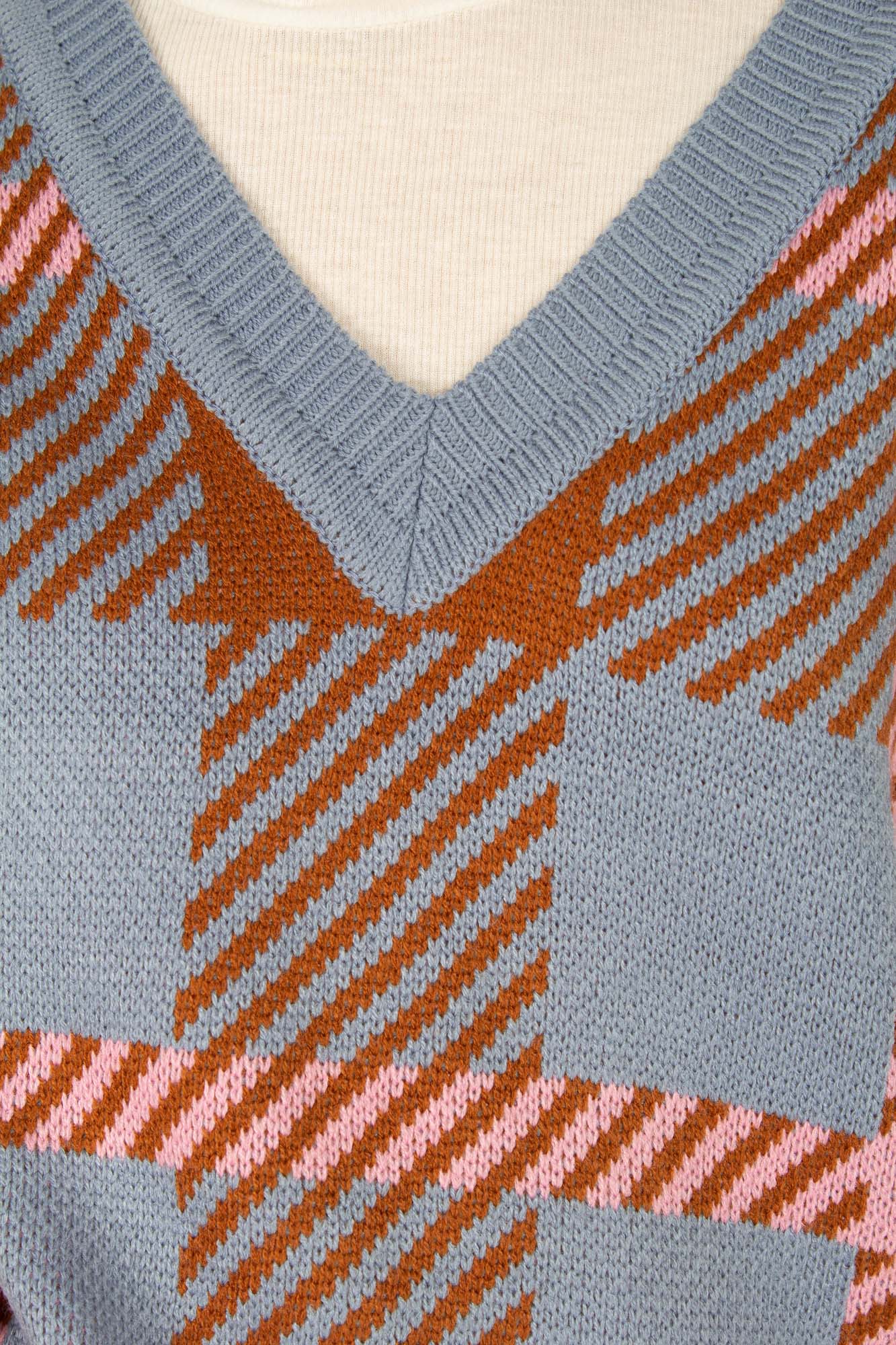 Light blue and camel plaid knit vest