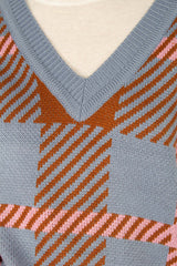 Light blue and camel plaid knit vest