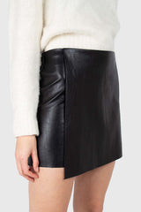Black vegan leather cross front mini skirt