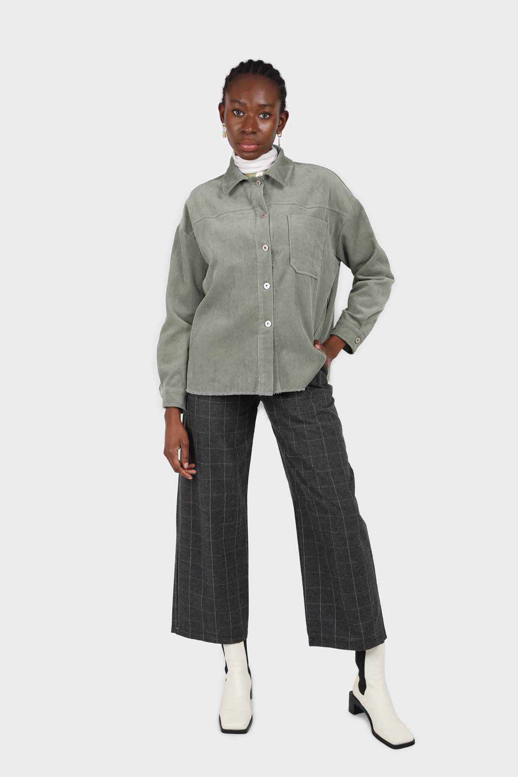 Khaki corduroy patch pocket oversized shirt jacket