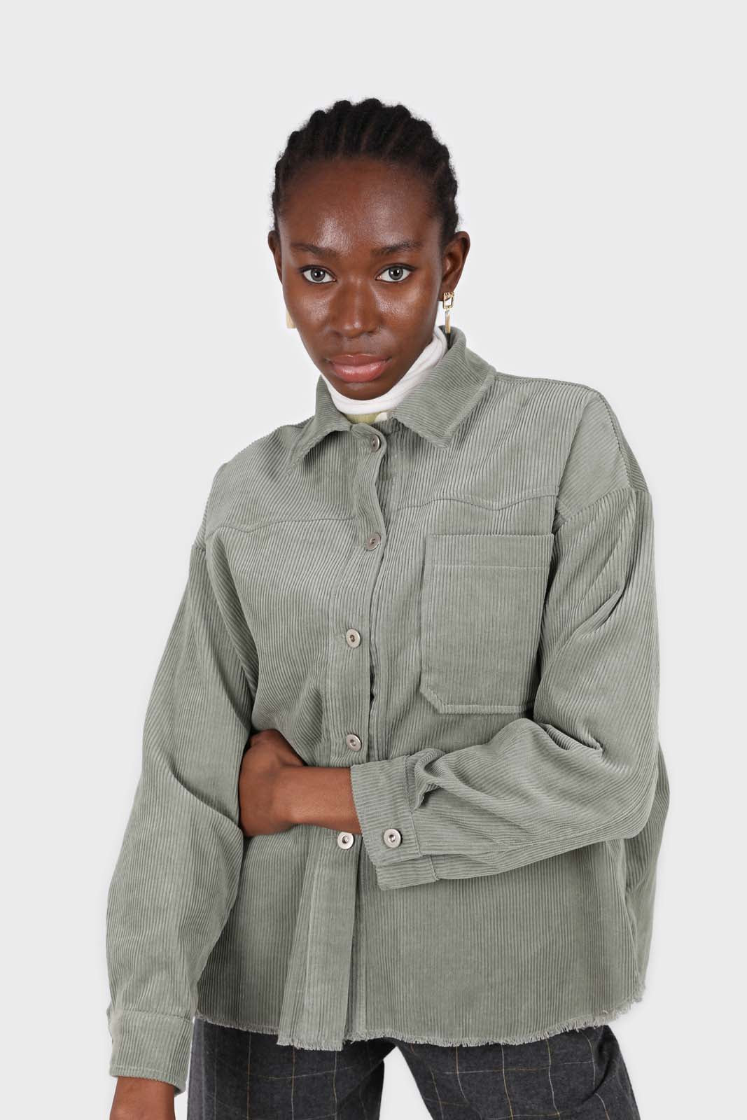 Khaki corduroy patch pocket oversized shirt jacket