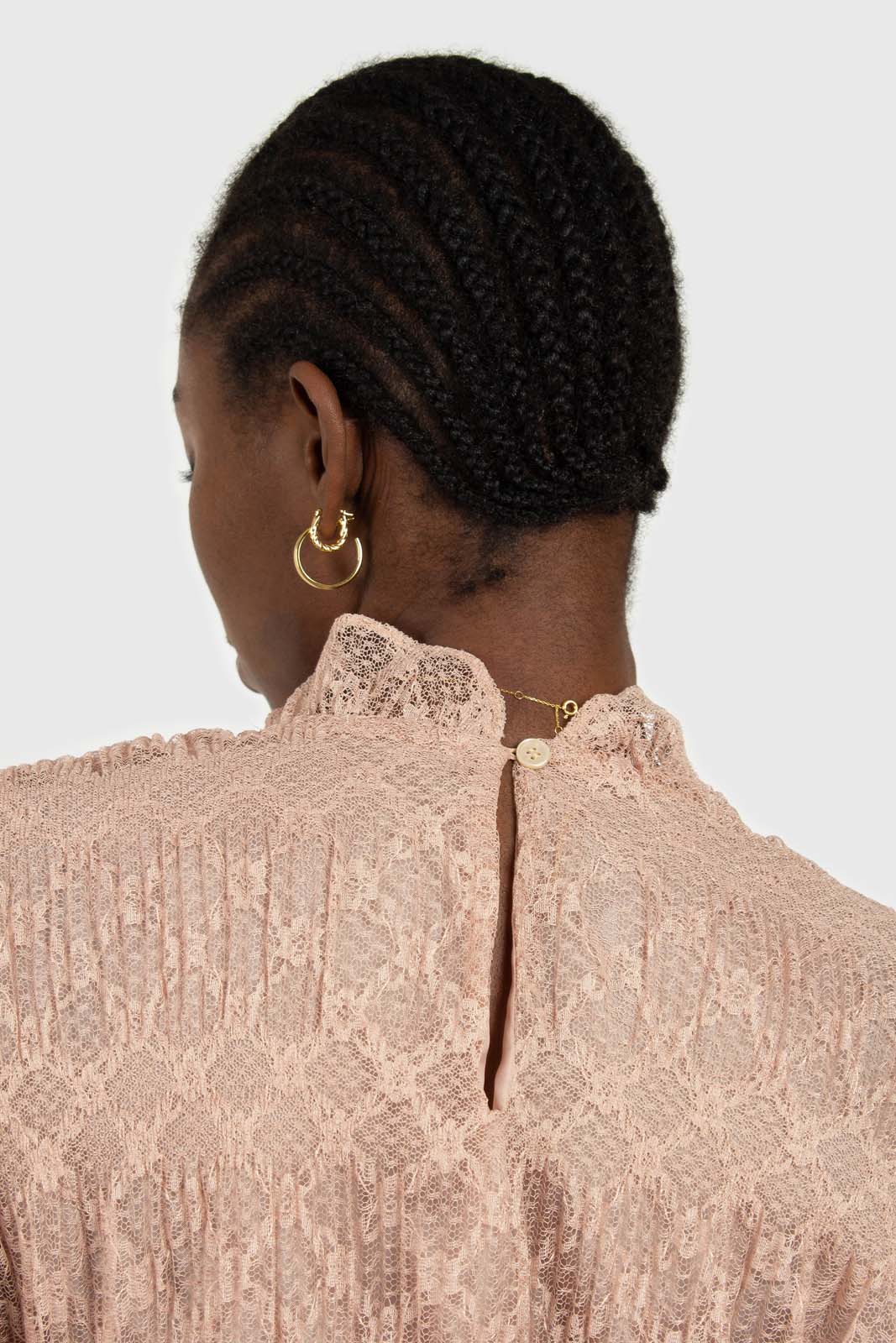 Baby pink sheer lace mock neck blouse