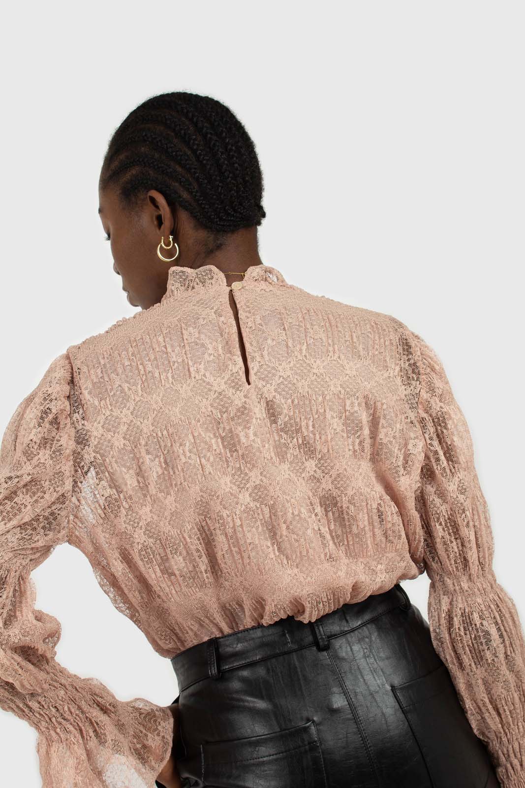 Baby pink sheer lace mock neck blouse
