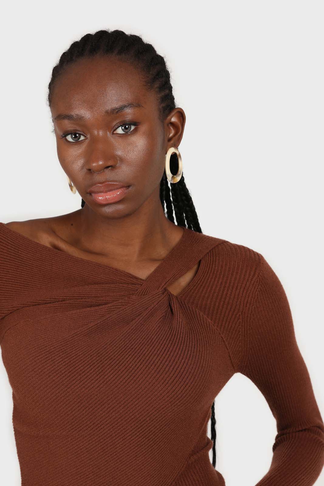 Brown cross shoulder knit top