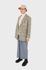 Beige and khaki checked oversized wool blazer