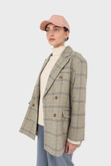 Beige and khaki checked oversized wool blazer