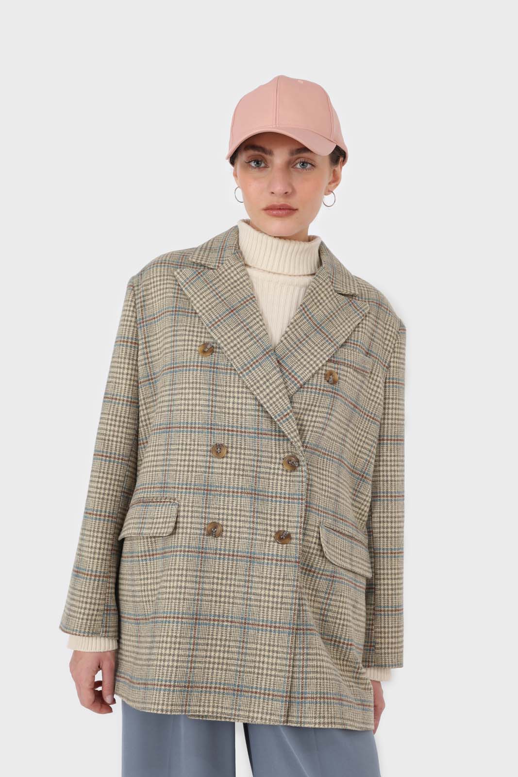 Beige and khaki checked oversized wool blazer