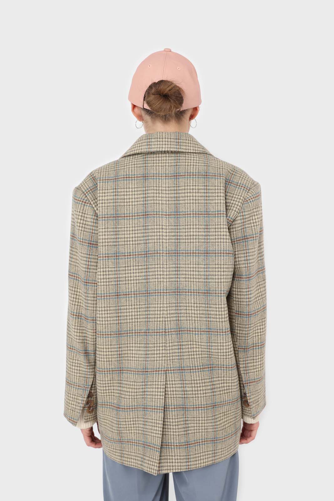 Beige and khaki checked oversized wool blazer