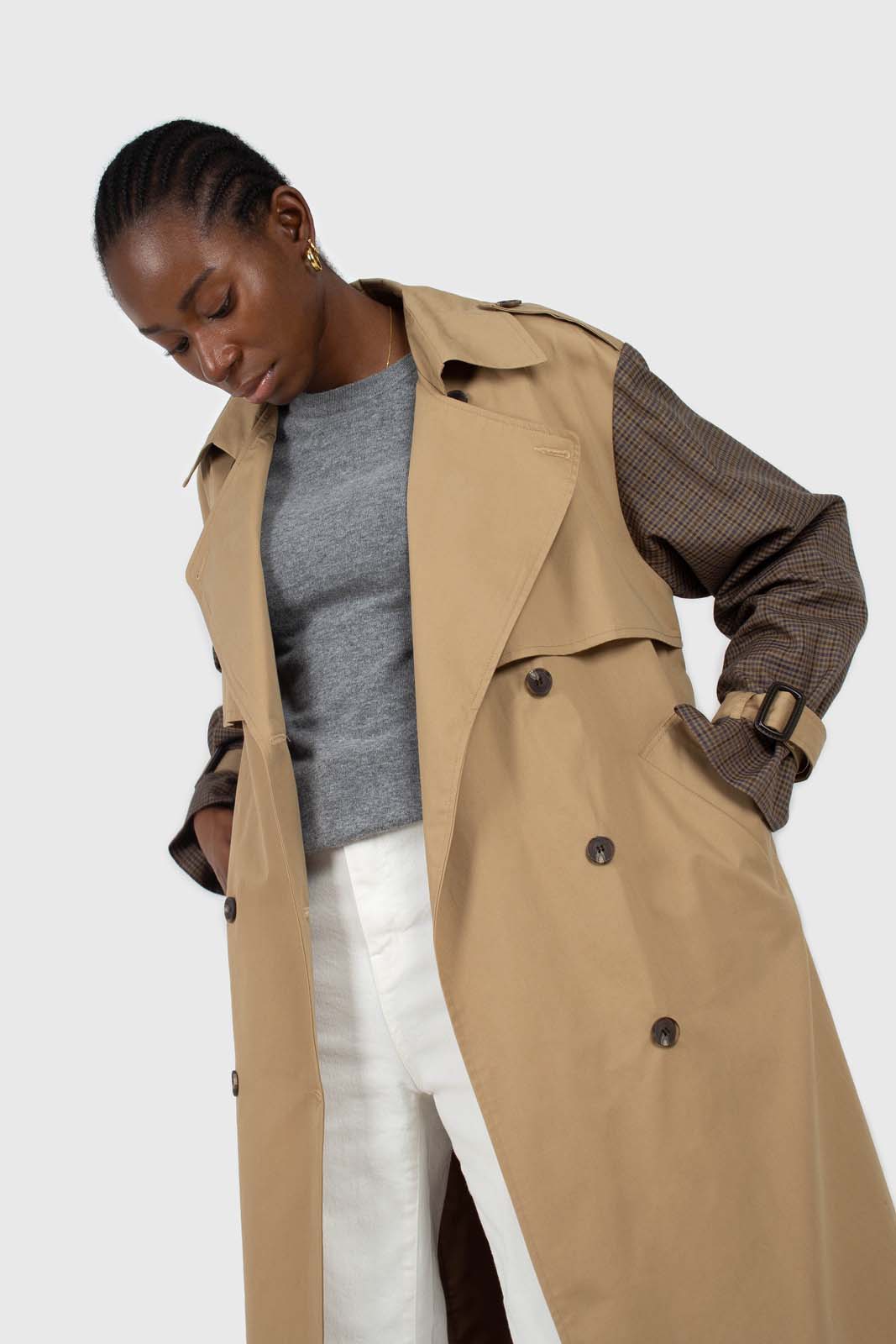 Beige and brown checked sleeve trench coat