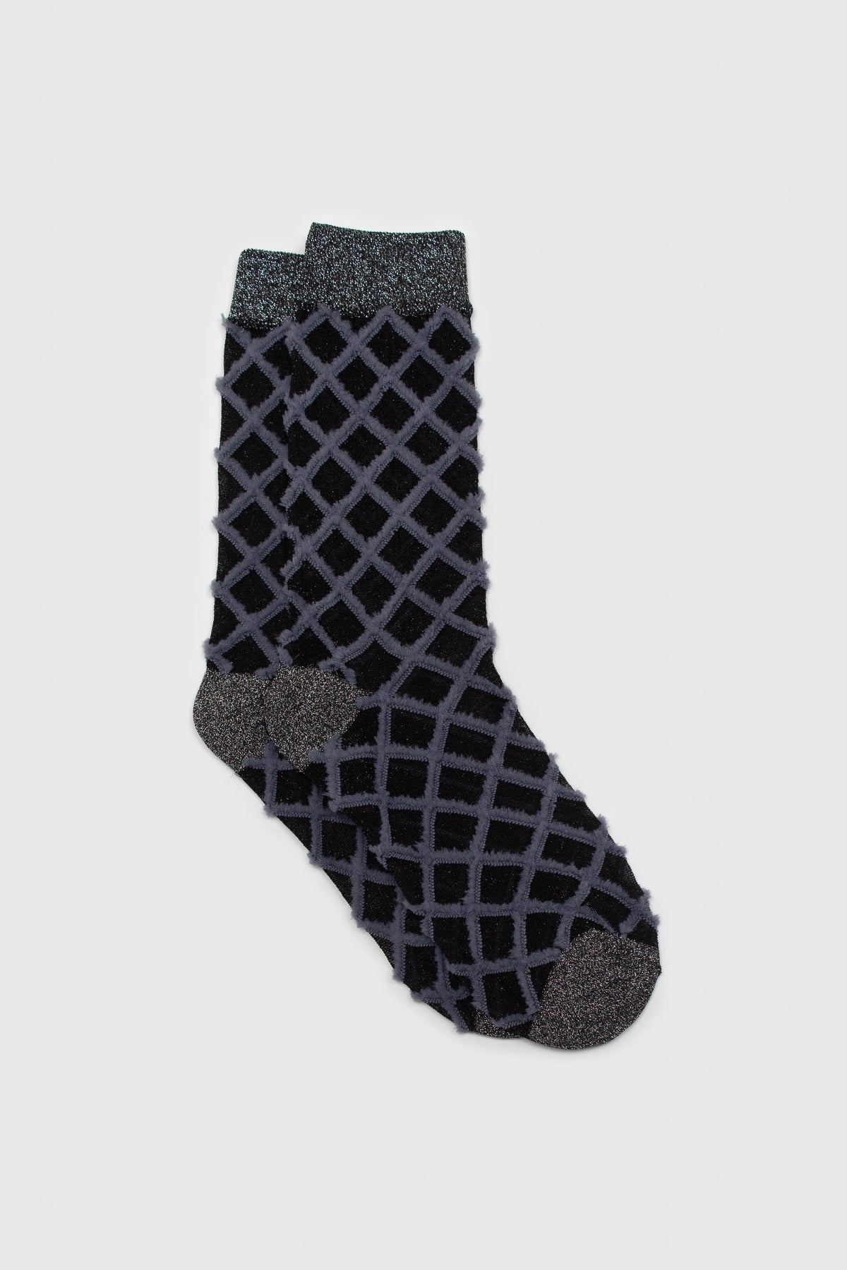 Grey fuzzy diamond metallic socks
