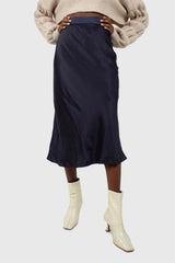 Navy satin midi skirt