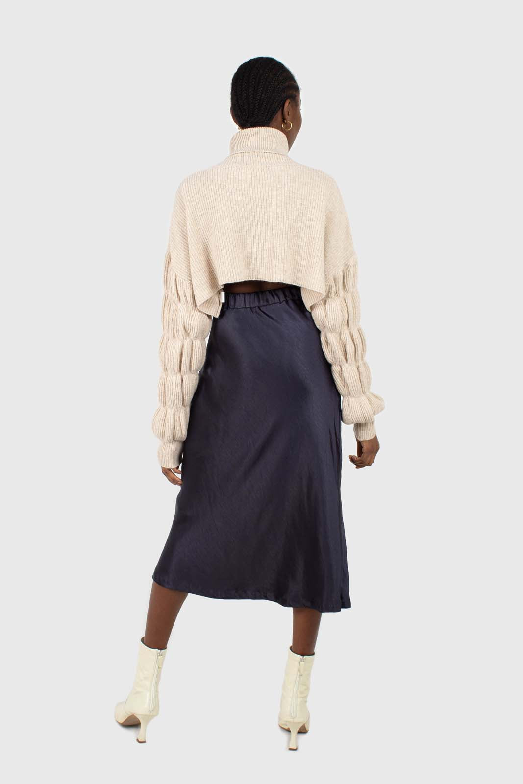 Navy satin midi skirt