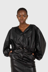 Black vegan leather v-neck puff sleeved blouse