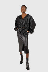 Black vegan leather v-neck puff sleeved blouse