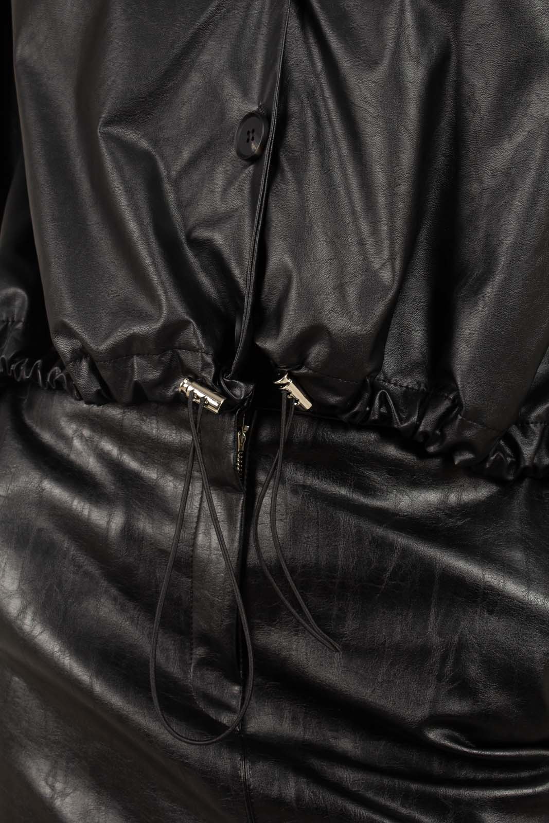 Black vegan leather v-neck puff sleeved blouse