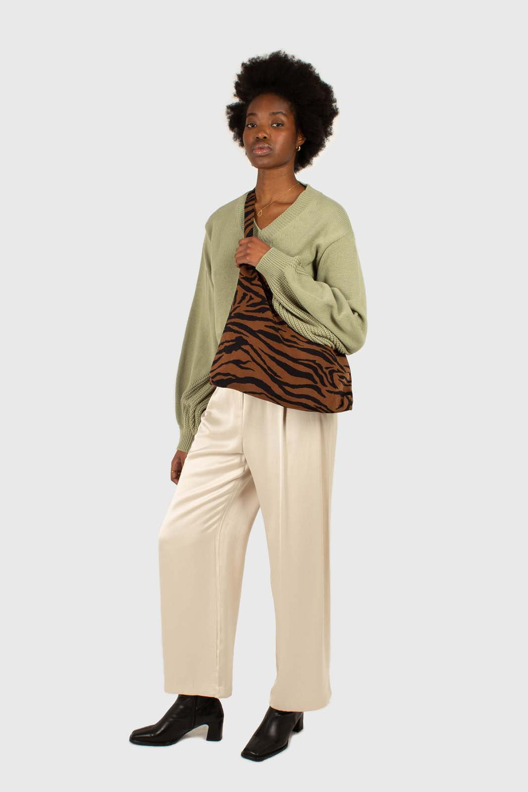 Brown and black zebra print tie strap tote