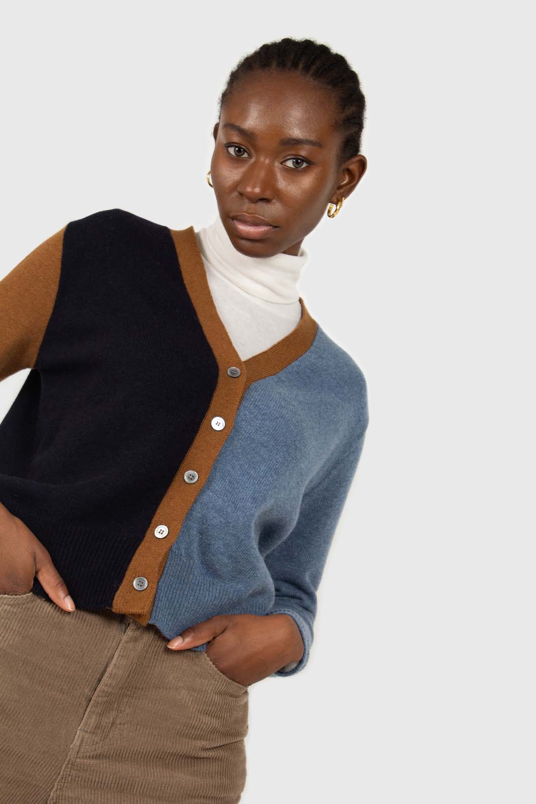 Blue and mustard colorblock wool blend cardigan