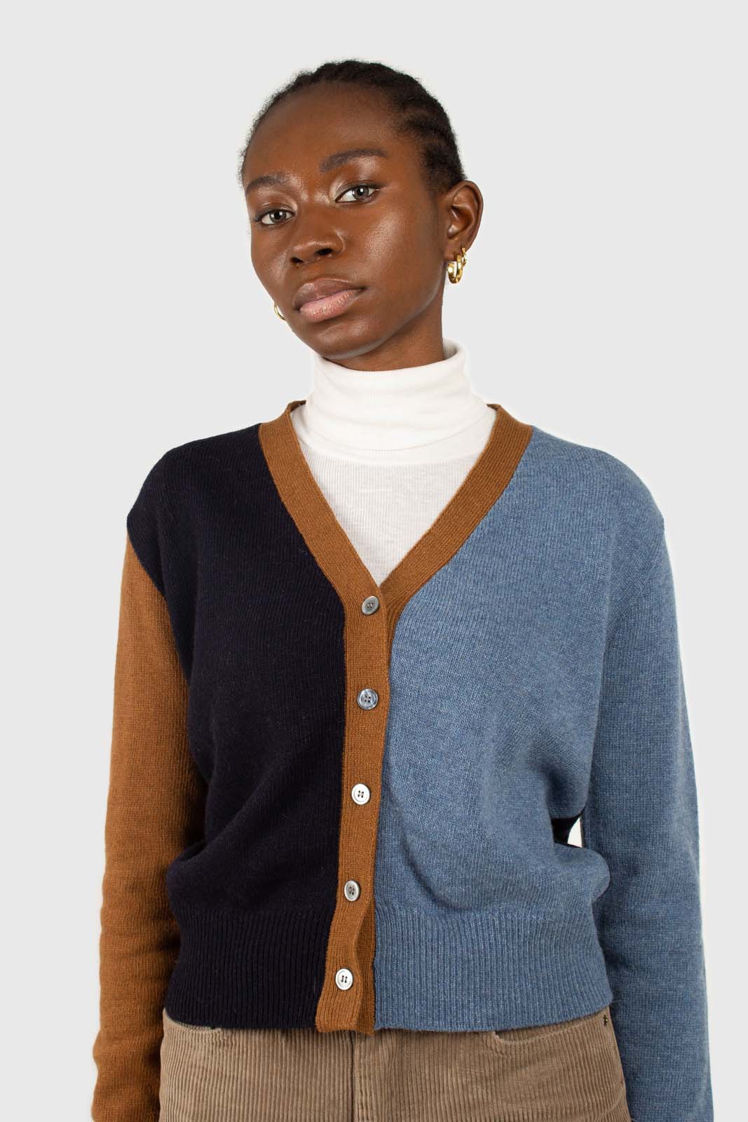 Blue and mustard colorblock wool blend cardigan