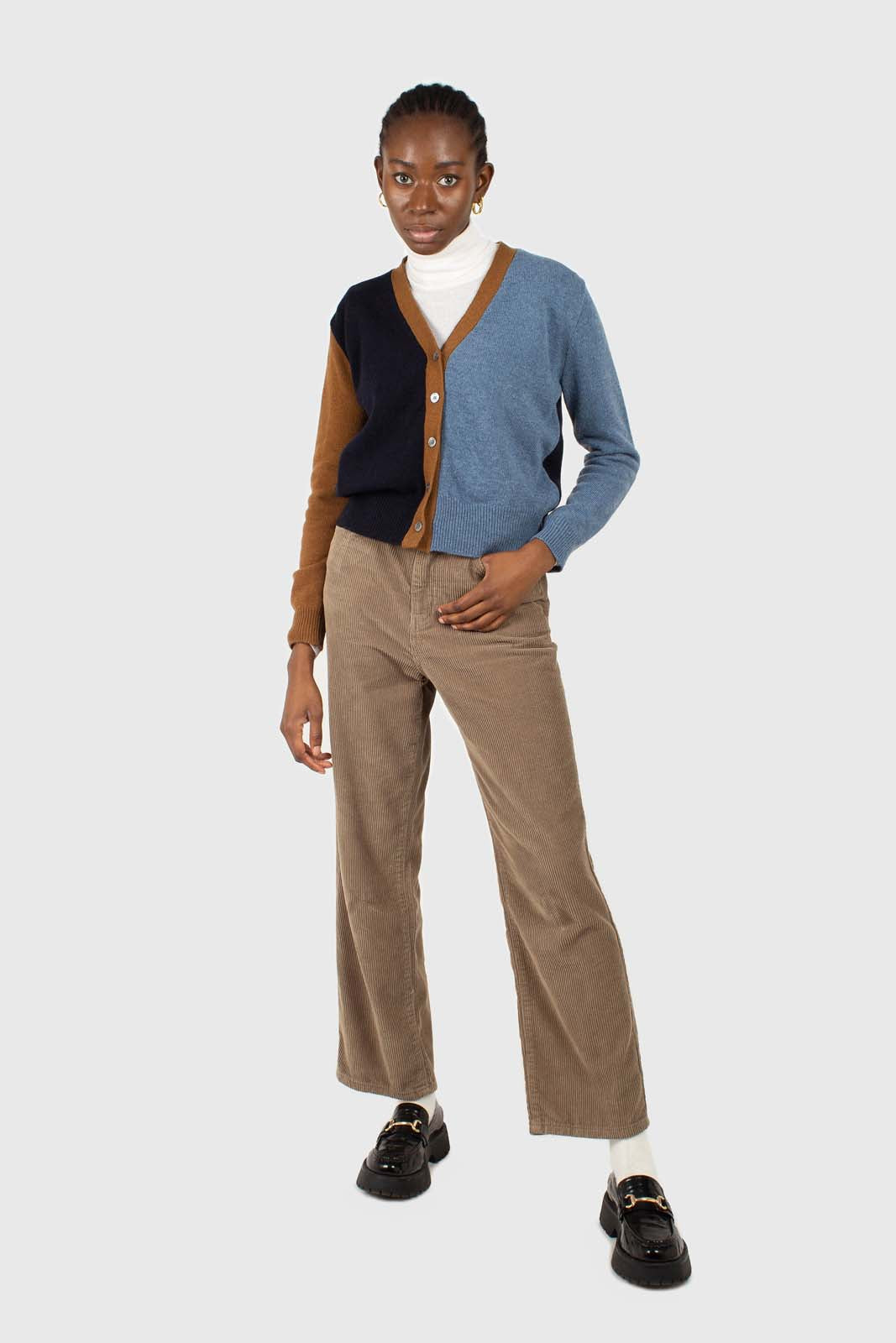 Blue and mustard colorblock wool blend cardigan