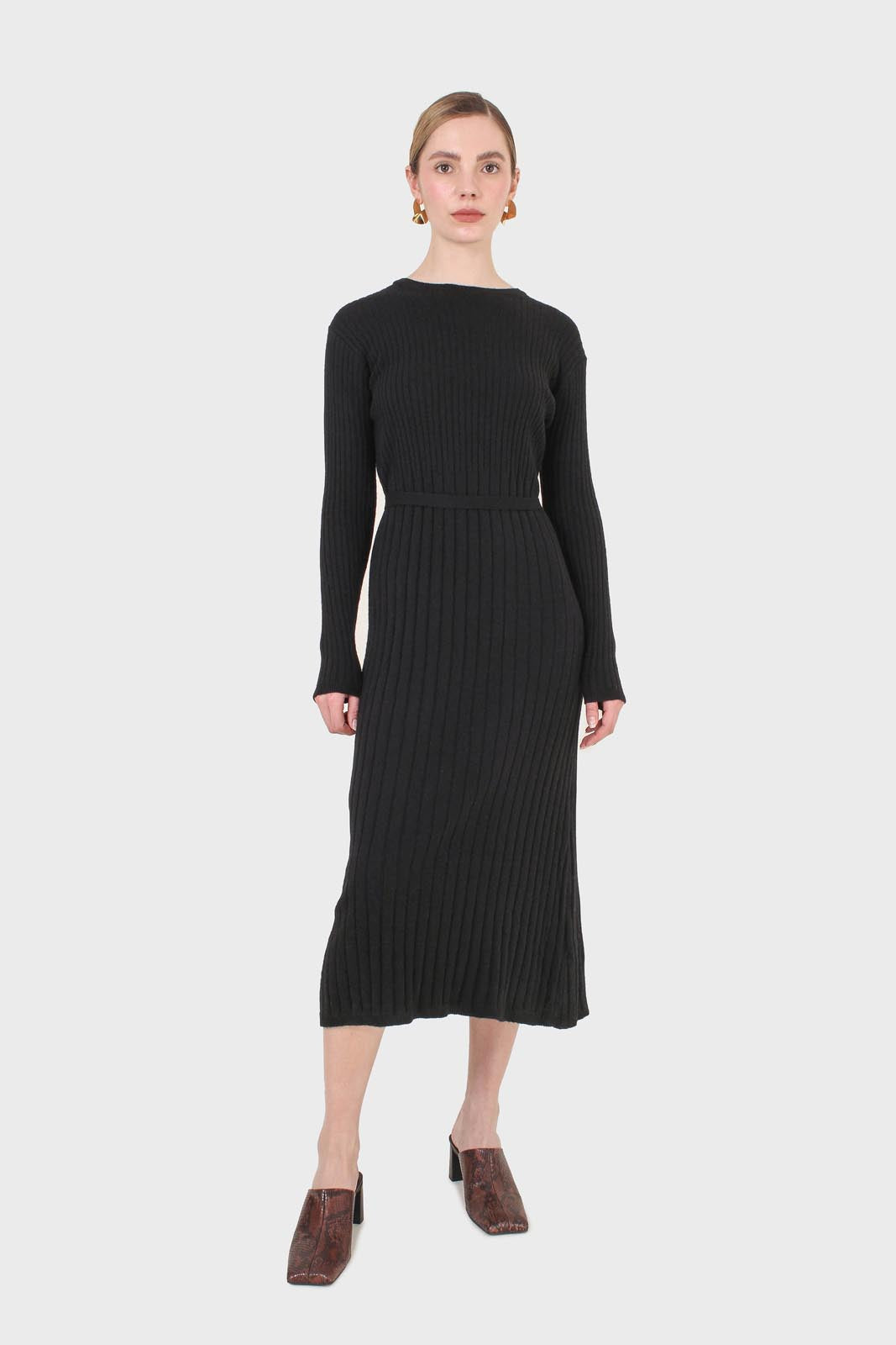 Black large ribbed wool blend midi dress