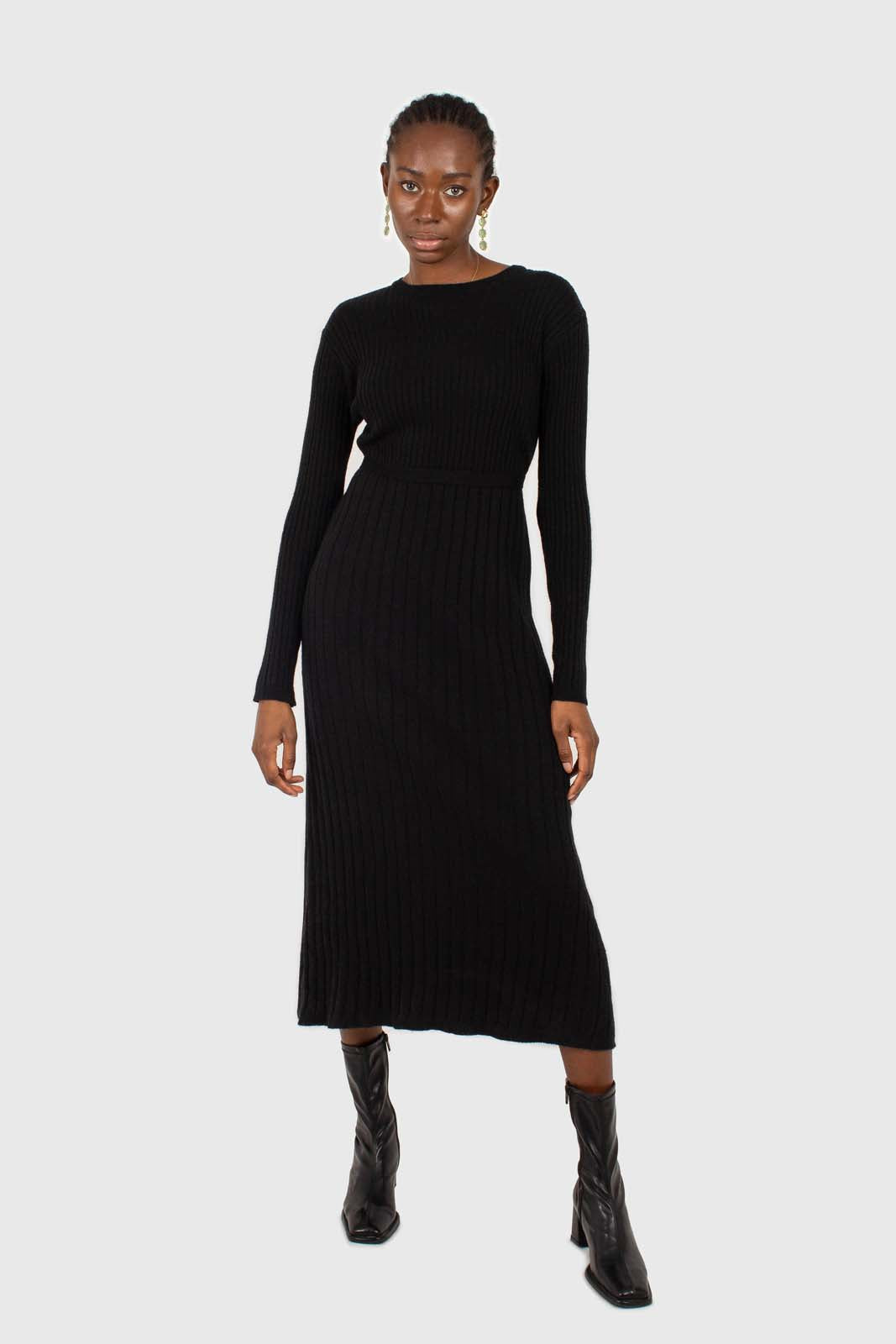 Black large ribbed wool blend midi dress