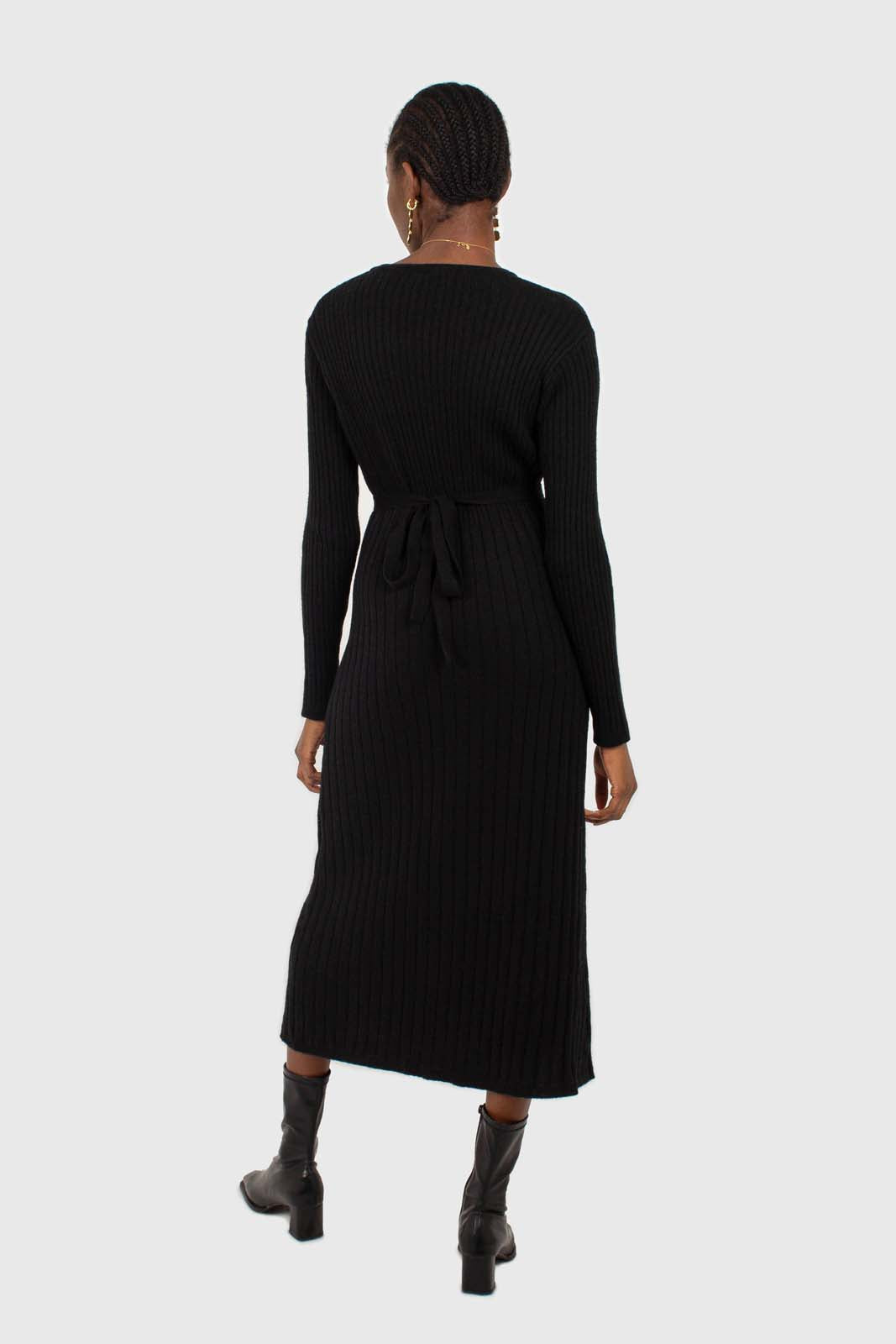 Black large ribbed wool blend midi dress