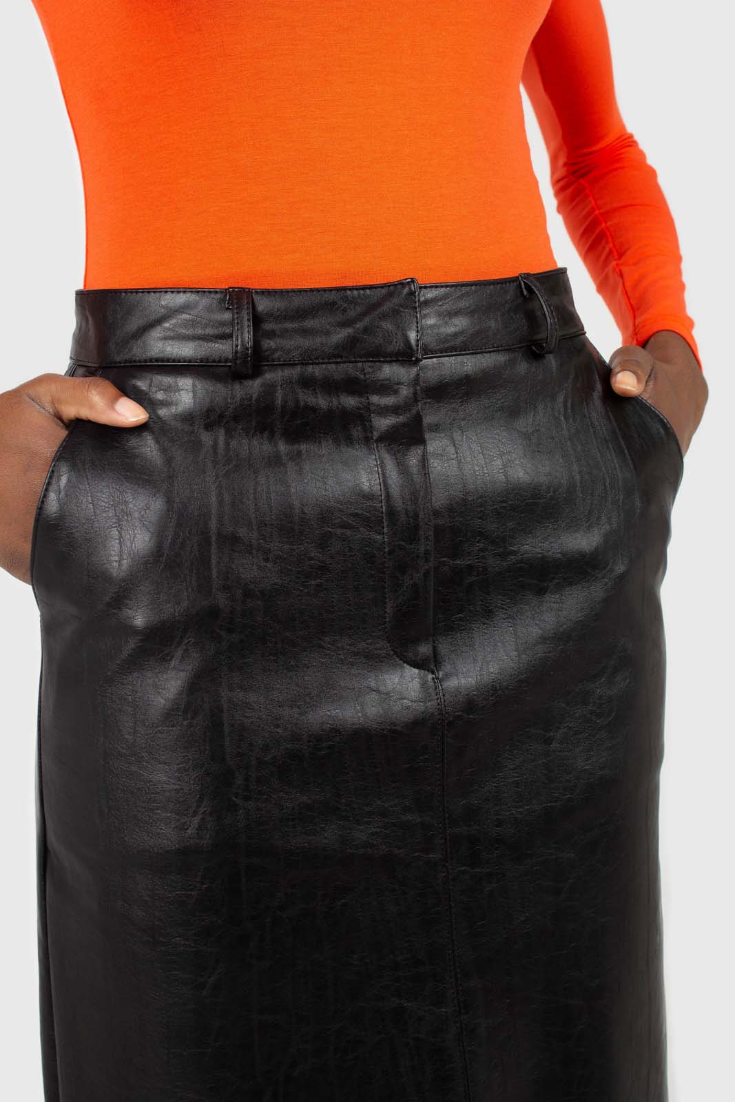 Black vegan leather midi skirt