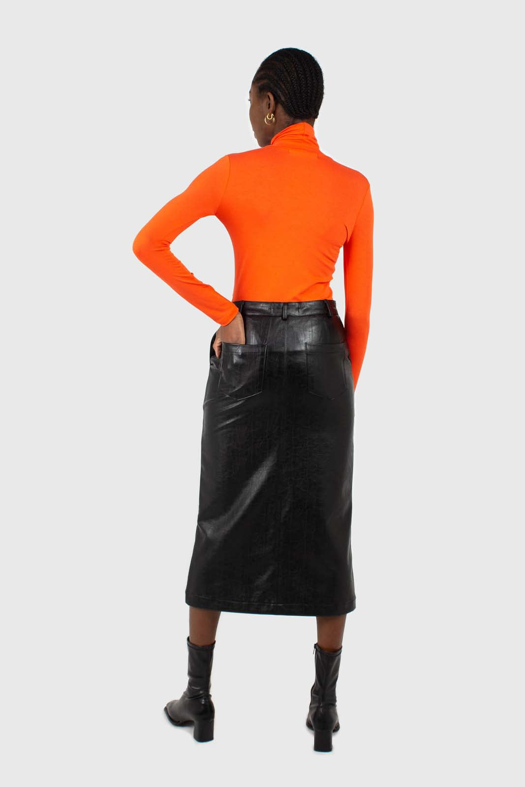 Black vegan leather midi skirt