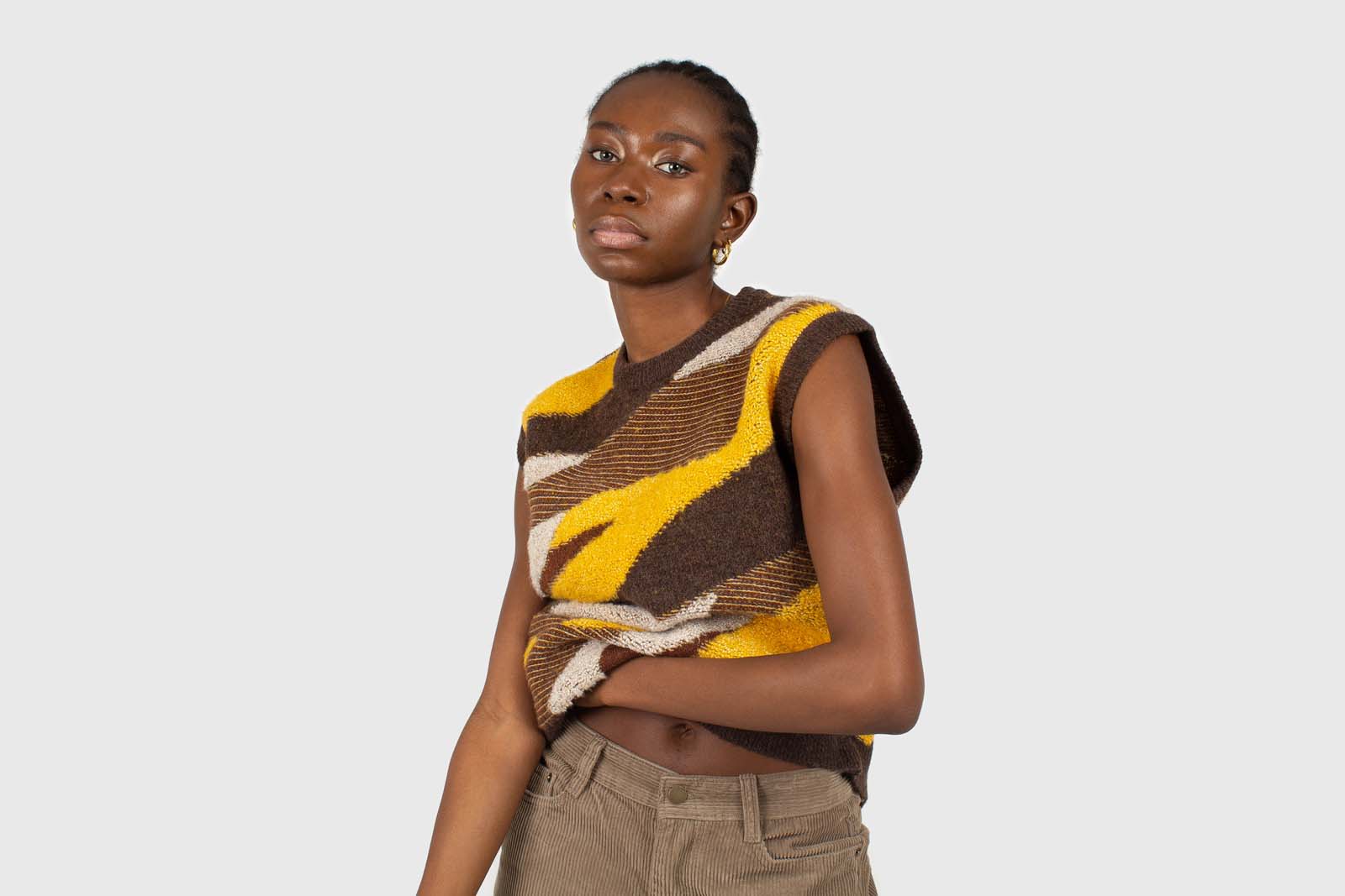 Brown and yellow layered intarsia vest