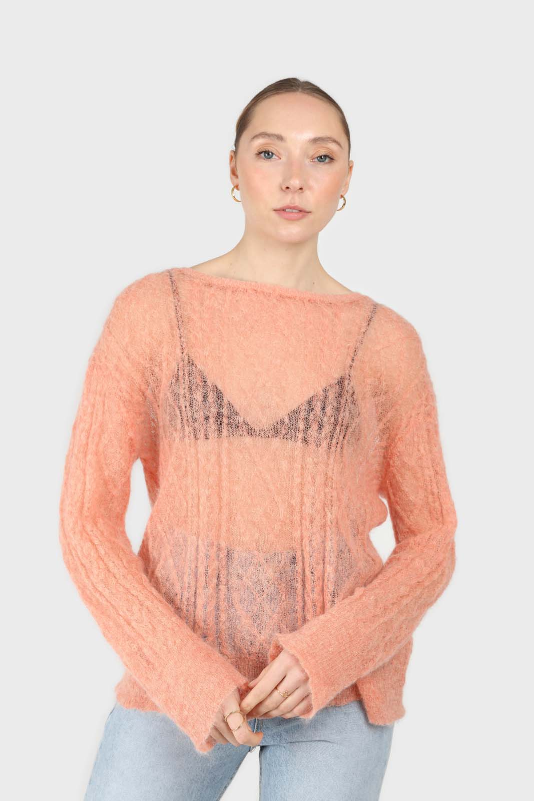 Pale orange sheer cableknit wool blend jumper