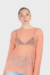Pale orange sheer cableknit wool blend jumper