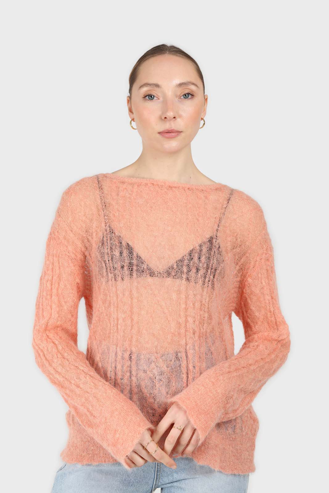 Pale orange sheer cableknit wool blend jumper