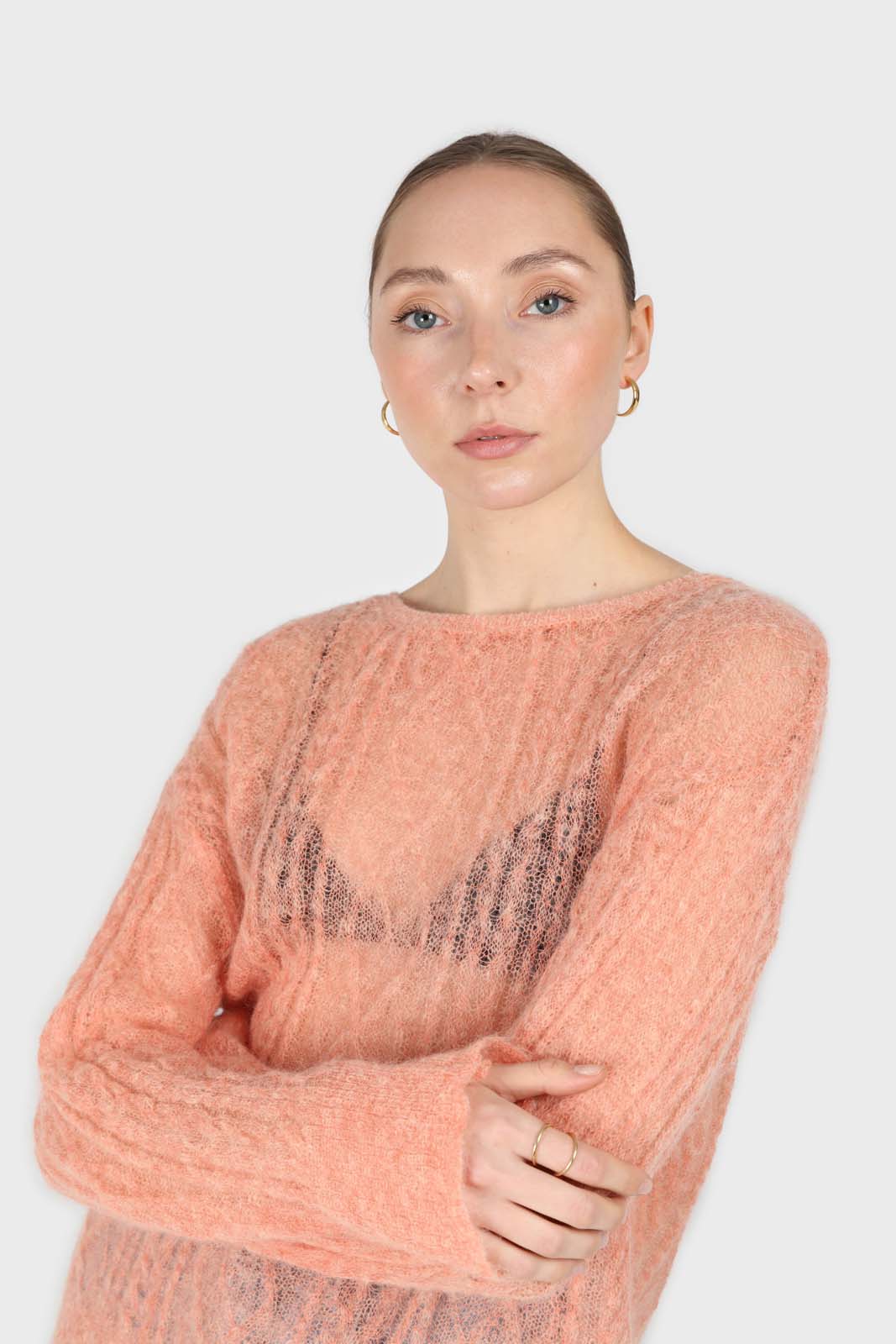 Pale orange sheer cableknit wool blend jumper