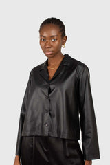Black vegan leather short shirt jacket