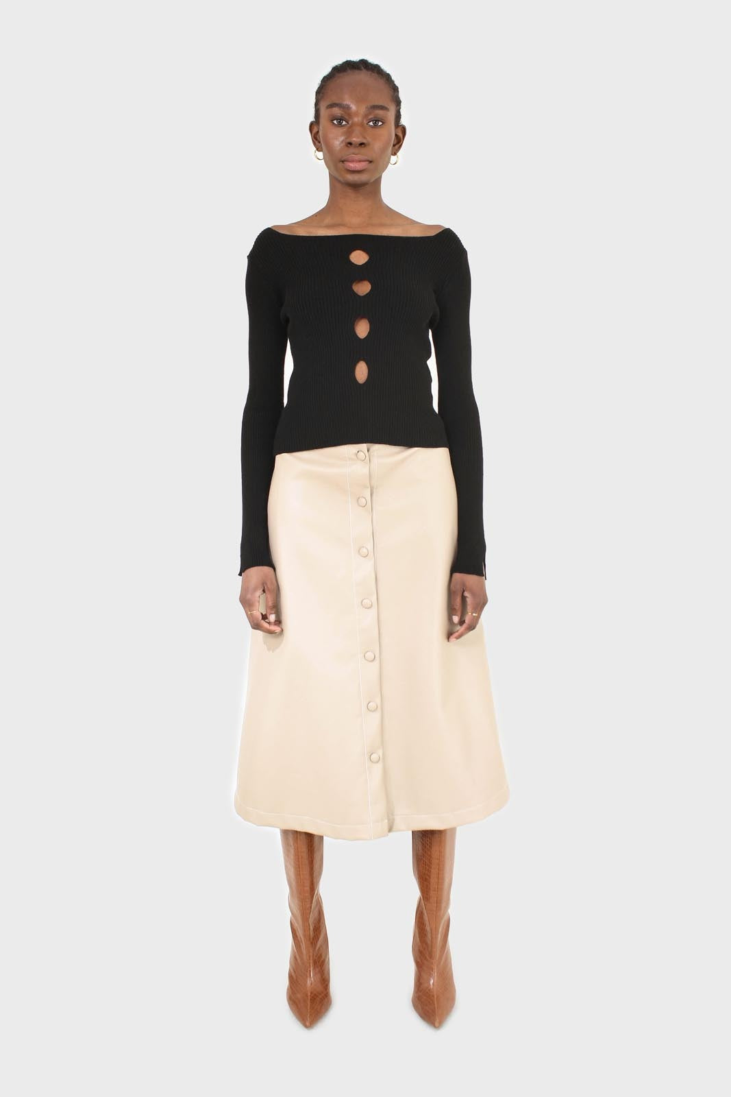 Black cascading hole square neck knit top