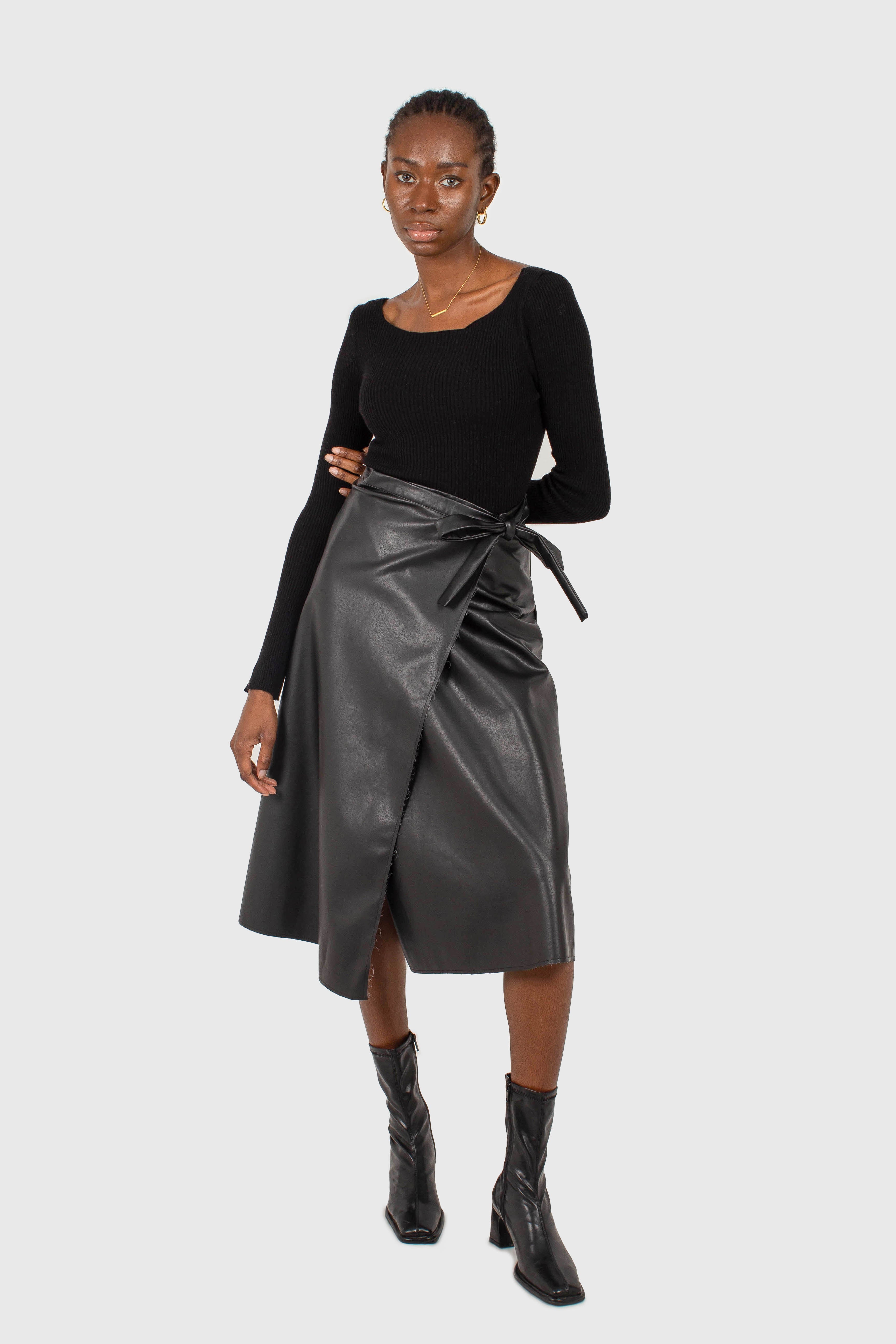 Black cascading hole square neck knit top
