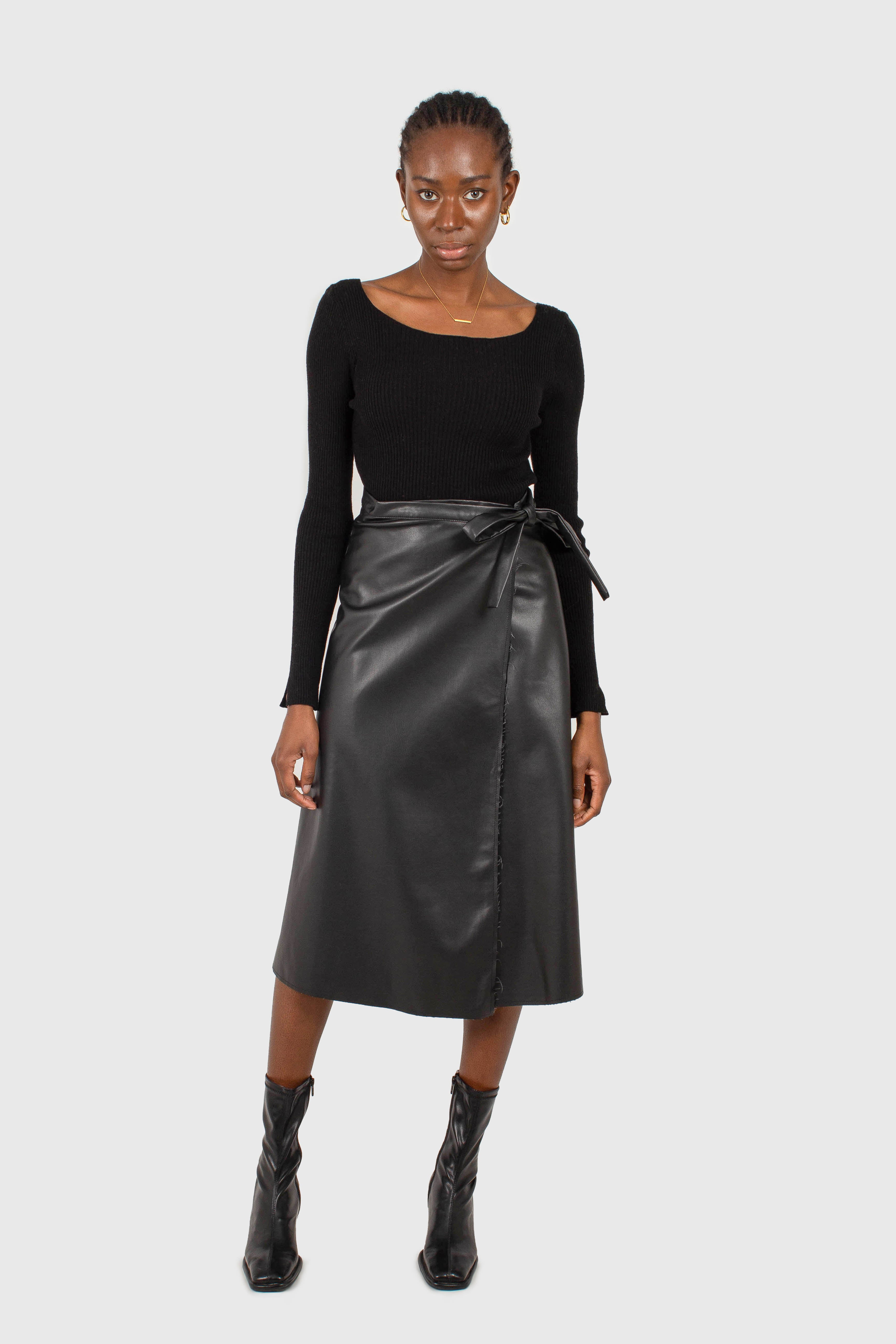 Black cascading hole square neck knit top