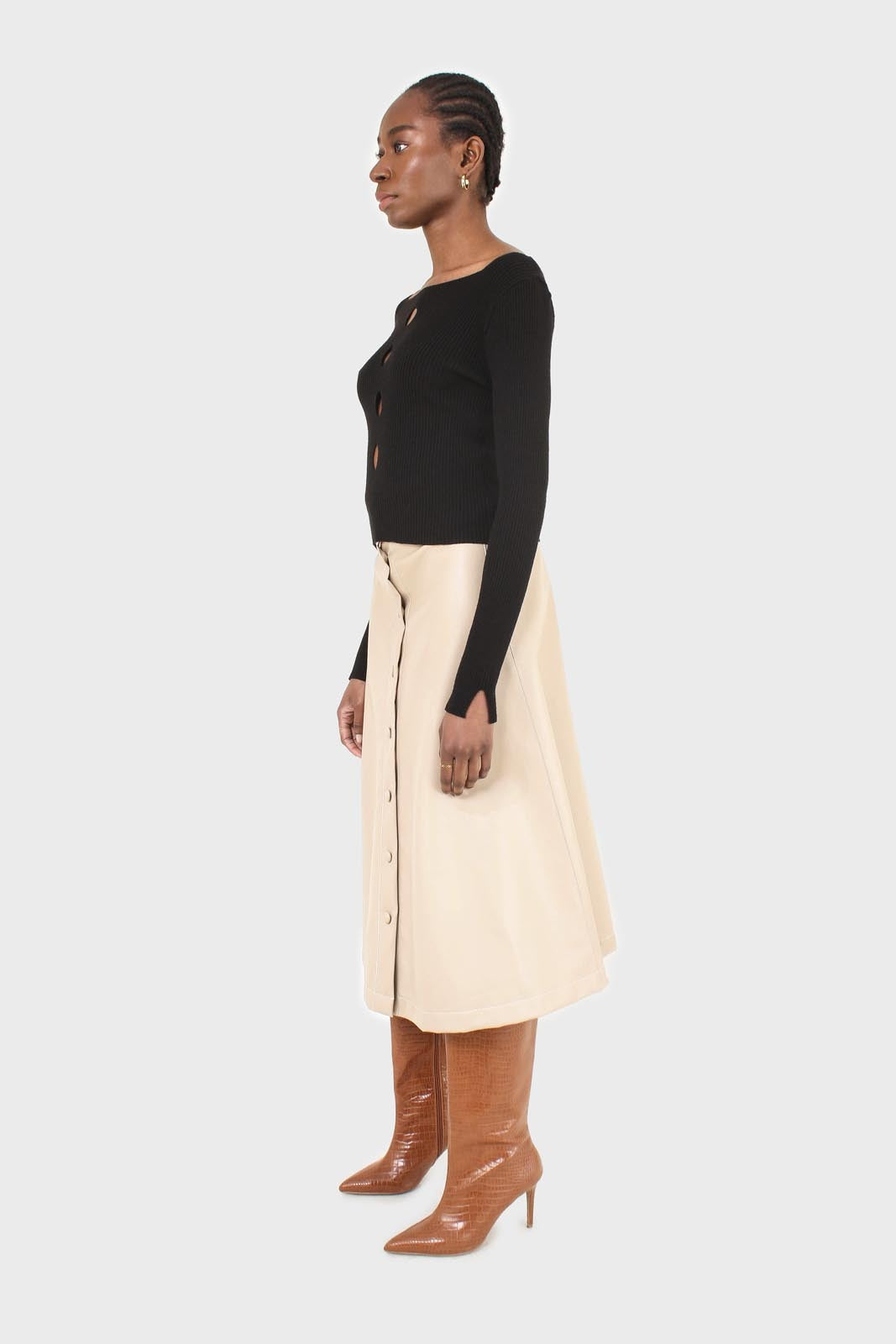 Black cascading hole square neck knit top