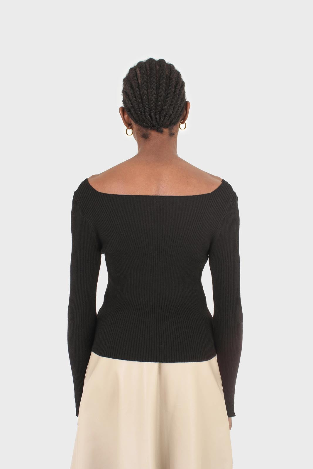 Black cascading hole square neck knit top