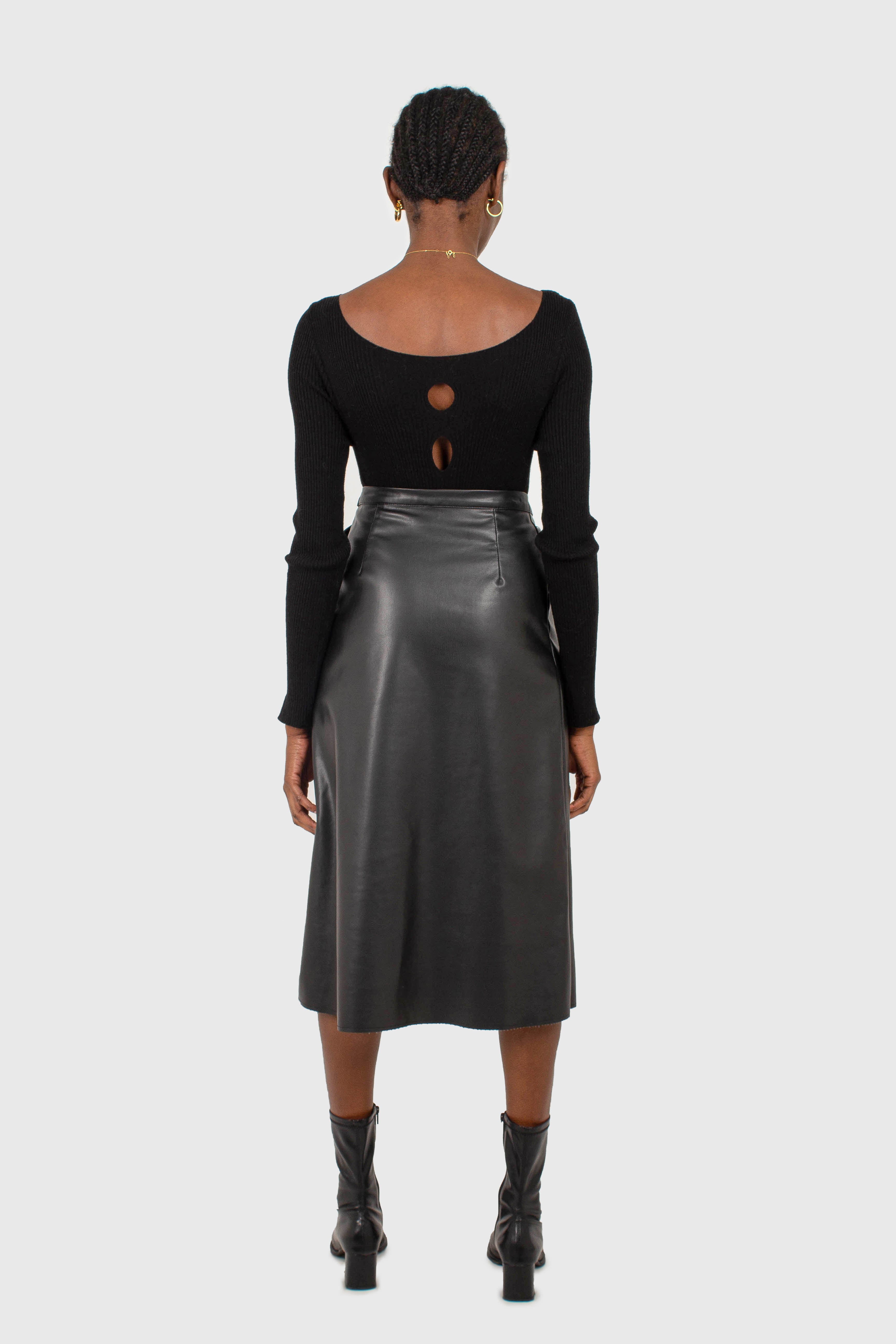Black cascading hole square neck knit top