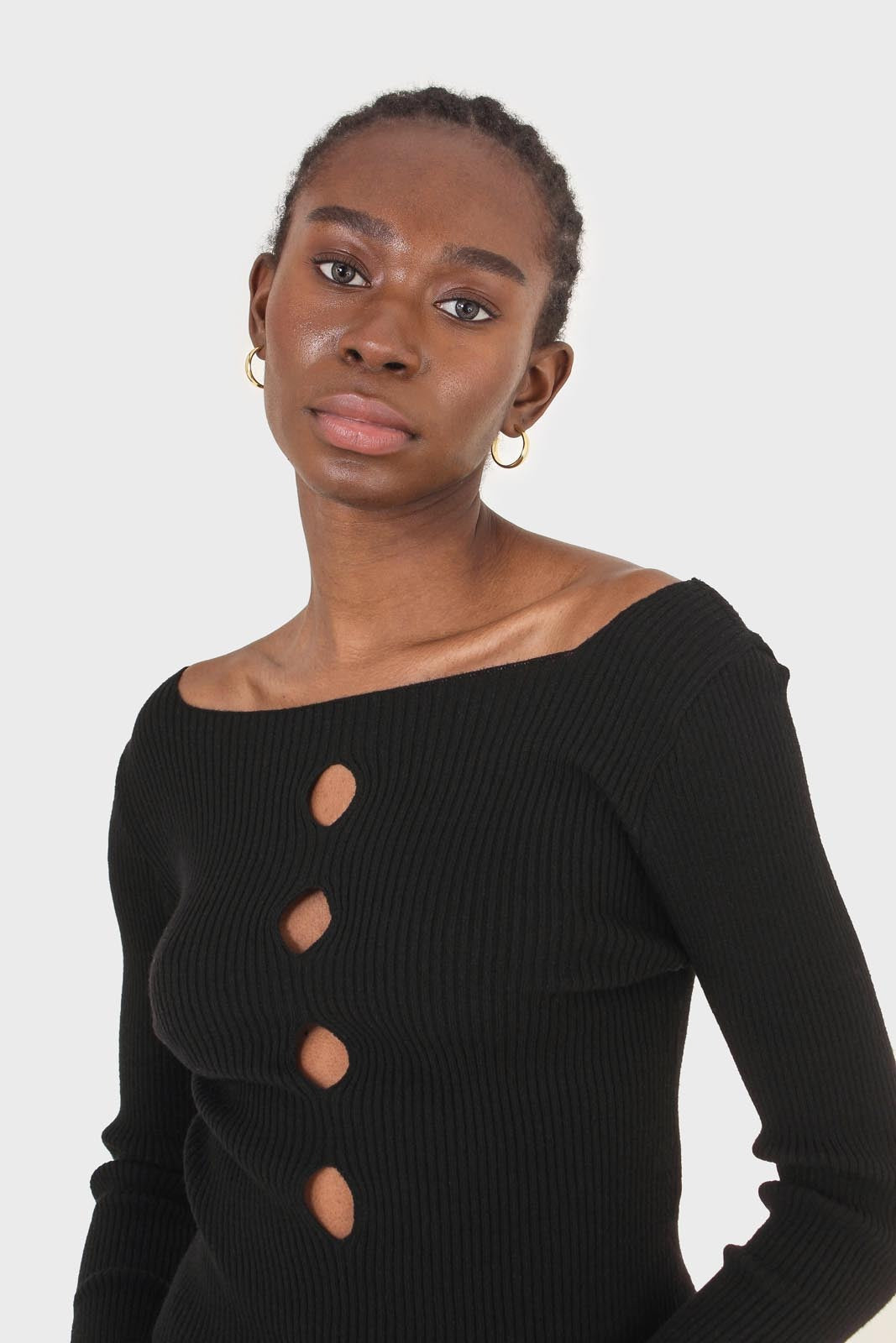 Black cascading hole square neck knit top